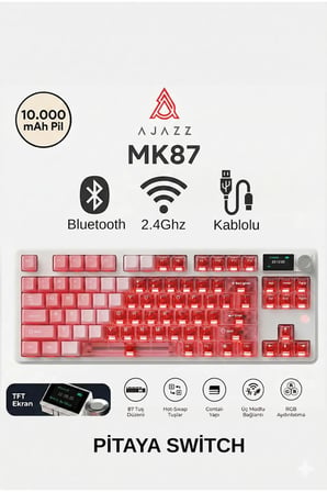 MK87 Pitaya Switch 10.000 Mah Batarya RGB Mekanik Oyun Klavyesi-Ayrılabilir TFT Ekran-Şeffaf Tasarım