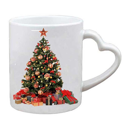 Kişiye Özel Yılbaşı Ağacı Merry Christmas Noel Yeni Yıl Hediye Kalp Kulplu Baskılı Kupa Bardak