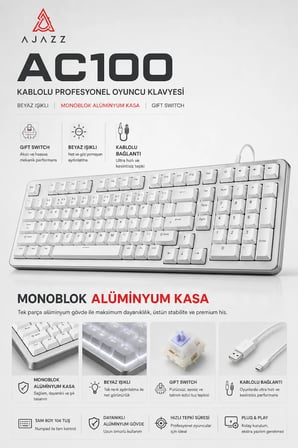 AC100 Kablolu Profesyonel Oyuncu Klavyesi-Beyaz Işıklı-MONOBLOK ALÜMİNYUM KASA-Gift Switch - Coiled Kablo Hediyeli