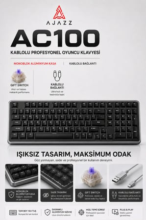AC100 Kablolu Profesyonel Oyuncu Klavyesi-Beyaz Işıklı-MONOBLOK ALÜMİNYUM KASA-Gift Switch - Coiled Kablo Hediyeli