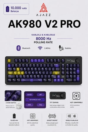 Ak980V2 Pro 8000 Hz Kablosuz Mekanik Oyun Klavyesi-TFT Ekranlı-Rapid Trigger