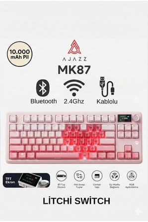 MK87 Litchi Switch 10.000 Mah Batarya RGB Mekanik Oyun Klavyesi-TFT Ekran-Alttan Baskılı Şeffaf