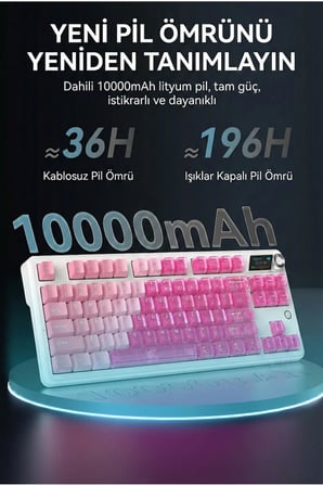 MK87 Litchi Switch 10.000 Mah Batarya RGB Mekanik Oyun Klavyesi-TFT Ekran-Alttan Baskılı Şeffaf
