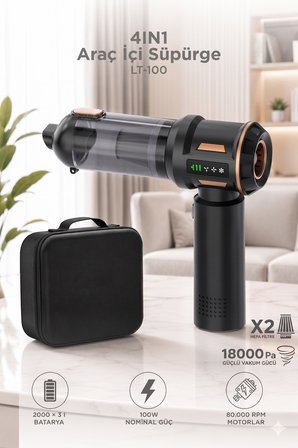 Araç İçi Süpürge 4 ın 1 Çok Fonksiyonlu Şarjlı Mini Ev Kullanımı İçin El Süpürgesi LT100 Siyah