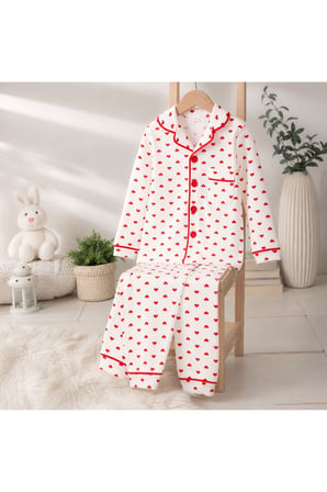 Kız Çocuk Kalp Desenli Düğmeli Pijama Takımı Beyaz