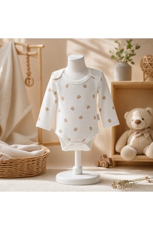 Bebek Uzun Kollu Baskılı Çıtçıtlı Body 2'li Set Krem-Bej