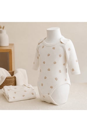Bebek Uzun Kollu Baskılı Çıtçıtlı Body 2'li Set Krem-Bej