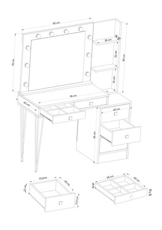 DF02121 LED Işıklı Aynalı Makyaj Masası Raflı Çekmeceli Beyaz Hollywood Model Makyaj Organizer