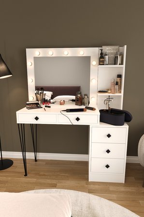 DF02121 LED Işıklı Aynalı Makyaj Masası Raflı Çekmeceli Beyaz Hollywood Model Makyaj Organizer