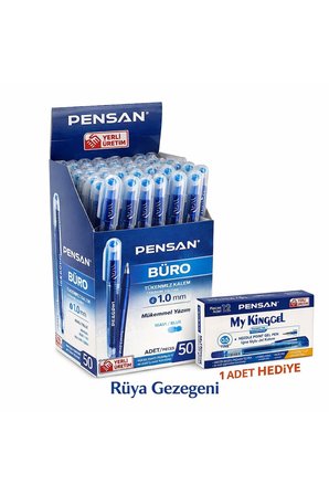Büro Tükenmez Kalem MAVİ 1.0 mm Büro Tipi 50 ADET 1 KUTU / 1 ADET MY KING MAVİ JEL KALEM HEDİYE