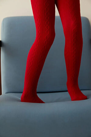 Kız Çocuk Kırmızı Rengi Triko Kendinden Desenli Kalın Külotlu Okul Çorabı