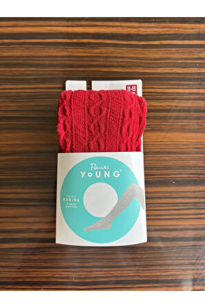 Kız Çocuk Kırmızı Rengi Triko Kendinden Desenli Kalın Külotlu Okul Çorabı