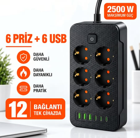 2500W 6'lı Grup Priz 6 USB Girişli (3 Type-C + 3 USB-A) Açma Kapama Anahtarlı Çoklu Priz Çoğaltıcı 2 Metre