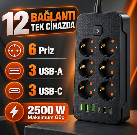2500W 6'lı Grup Priz 6 USB Girişli (3 Type-C + 3 USB-A) Açma Kapama Anahtarlı Çoklu Priz Çoğaltıcı 2 Metre