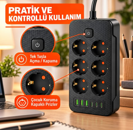 2500W 6'lı Grup Priz 6 USB Girişli (3 Type-C + 3 USB-A) Açma Kapama Anahtarlı Çoklu Priz Çoğaltıcı 2 Metre