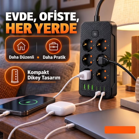 2500W 6'lı Grup Priz 6 USB Girişli (3 Type-C + 3 USB-A) Açma Kapama Anahtarlı Çoklu Priz Çoğaltıcı 2 Metre