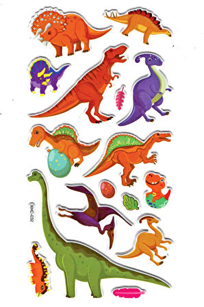 Sticker Kabartmalı Stiker Çıkartma Etiket (XHC032)-18x9 cm- Renkli Dinozor