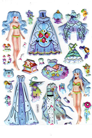 Sticker Kabartmalı Stiker Çıkartma Etiket (LAA601)-14x18 cm- Mavi Kız Prenses Giydirme