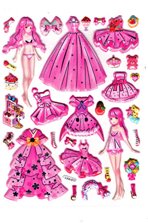 Sticker Kabartmalı Stiker Çıkartma Etiket (LAA611)-14x18 cm- Pembe Kız Prenses Giydirme