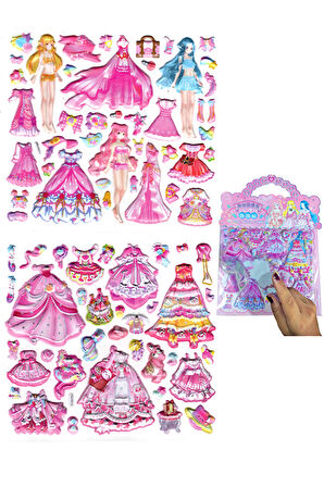 Sticker Kabartmalı Çantalı iki Sayfalı Sticker Seti (HQK012) - 21x17 cm- Fuşya Kız Giydirme