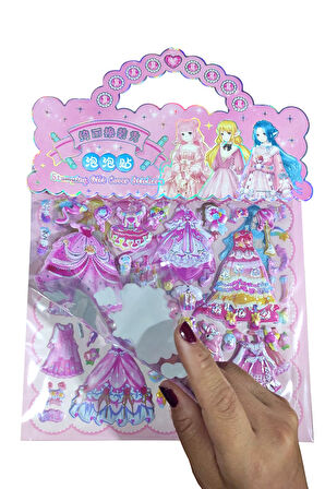 Sticker Kabartmalı Çantalı iki Sayfalı Sticker Seti (HQK012) - 21x17 cm- Fuşya Kız Giydirme