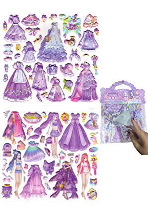 Sticker Kabartmalı Çantalı iki Sayfalı Sticker Seti (HQK014) - 21x17 cm- Lila Kız Giydirme