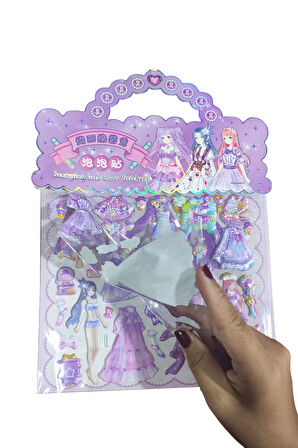 Sticker Kabartmalı Çantalı iki Sayfalı Sticker Seti (HQK014) - 21x17 cm- Lila Kız Giydirme