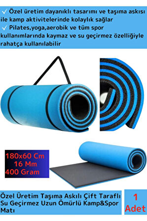 Özel Üretim Su Geçirmez Taşıma Askılı Çift Taraflı Kamp Yoga Pilates Fitness Uyku Matı 16Mm Kalın