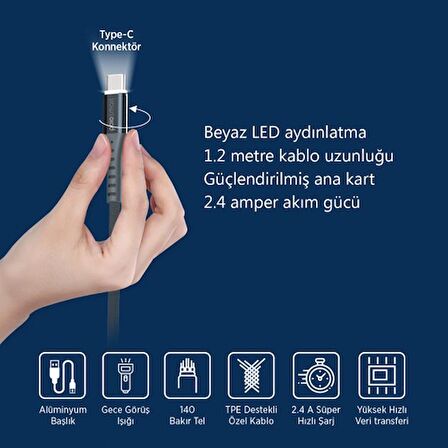 Global PSM26 Type-C 2.4A Led Aydınlatmalı Hızlı Şarj ve Data Kablosu