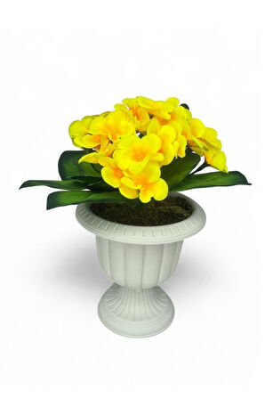 Yapay Çiçek Krem Antik Saksıda Sarı Kadife Menekşe Gerçekçi Doku 22cm