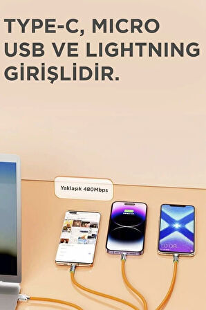 Torima 3in1 Type C- Lightning- Micro Usb Silikon 3.0A 1.5M Şarj ve Data Kablosu 