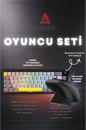 AK650 TFT Ekranlı 3 Modlu Oyuncu Klavyesi + 139 v2 MC Profesyonel Oyuncu Mouse Seti