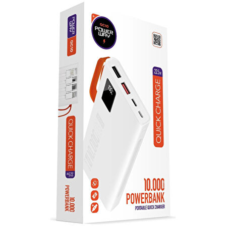 Powerway 10.000 Mah Pd 22.5W Dahili Kablolu Hızlı Şarj Led Fener Gerçek 10.000 Mah QC10 Beyaz Powerbank