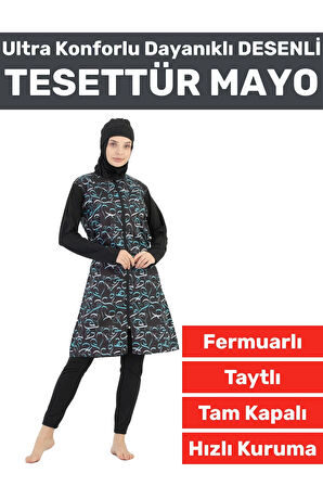 Premium Yüksek Kalite Konforlu Fermuarlı Tam Kapalı Yüzücü Deniz Havuz Desenli Taytlı TESETTÜR MAYO