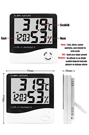 Lcd Ekranlı Dijital Saat Sıcaklık Nem Ölçer Termometre Higrometre Alarm Masa Üstü