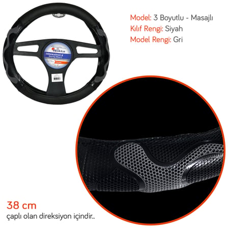 NYF F-436 Geçmeli Direksiyon Kılıfı 3 Boyutlu Masajlı Gri Suni Deri 38 cm