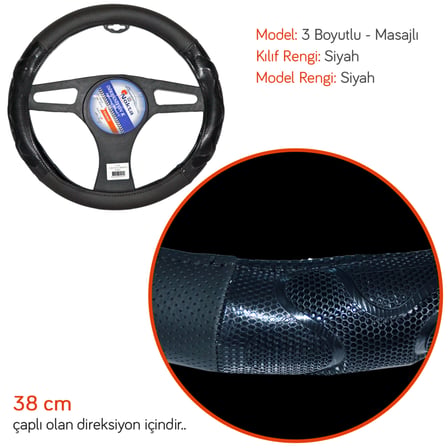 NYF F-442 Geçmeli Direksiyon Kılıfı 3 Boyutlu Masajlı Siyah Suni Deri 38 cm