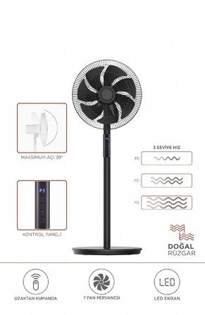 Vantilatör 7 Pervaneli 3 Kademeli Kumandalı Dijital Ekranlı Ayaklı 16 Inc 60W Fan SF02 Siyah