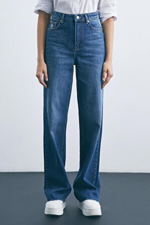 Koyu Mavi Yüksek Bel Wide Leg Denim Pantolon