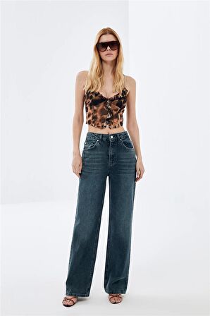 Koyu Mavi Wide Leg Jean Pantolon