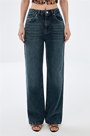 Koyu Mavi Wide Leg Jean Pantolon