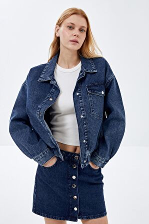 Koyu Mavi Cep Detaylı Denim Bomber Ceket