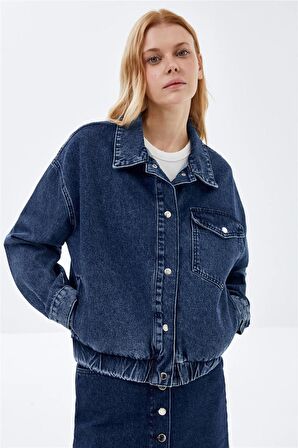 Koyu Mavi Cep Detaylı Denim Bomber Ceket