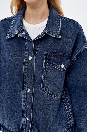 Koyu Mavi Cep Detaylı Denim Bomber Ceket