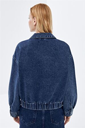 Koyu Mavi Cep Detaylı Denim Bomber Ceket