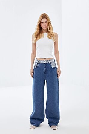 Mavi Varak Cep ve Bel Detaylı,  Wide Leg Bel düğme detaylı Jeans