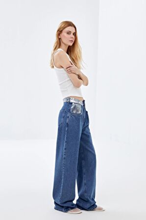 Mavi Varak Cep ve Bel Detaylı,  Wide Leg Bel düğme detaylı Jeans