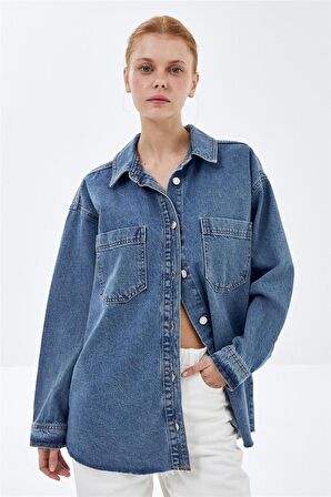 Mavi Oversize Metal Düğmeli Denim Gömlek Ceket