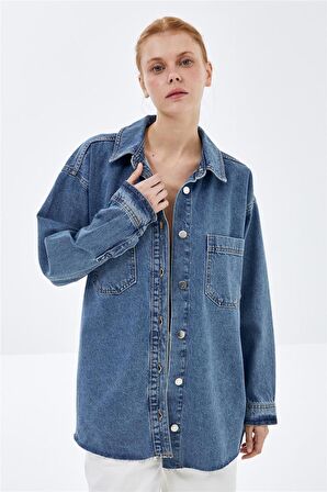 Mavi Oversize Metal Düğmeli Denim Gömlek Ceket