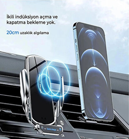 Araç İçi 20W Kablosuz Şarj Telefon Tutucu Sensörlü Led Işıklı Tüm Modellere Uyumlu